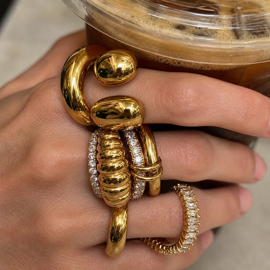 Luxury Stainless Steel 18K PVD Gold Plated Shiny Zircon Stackable Rings