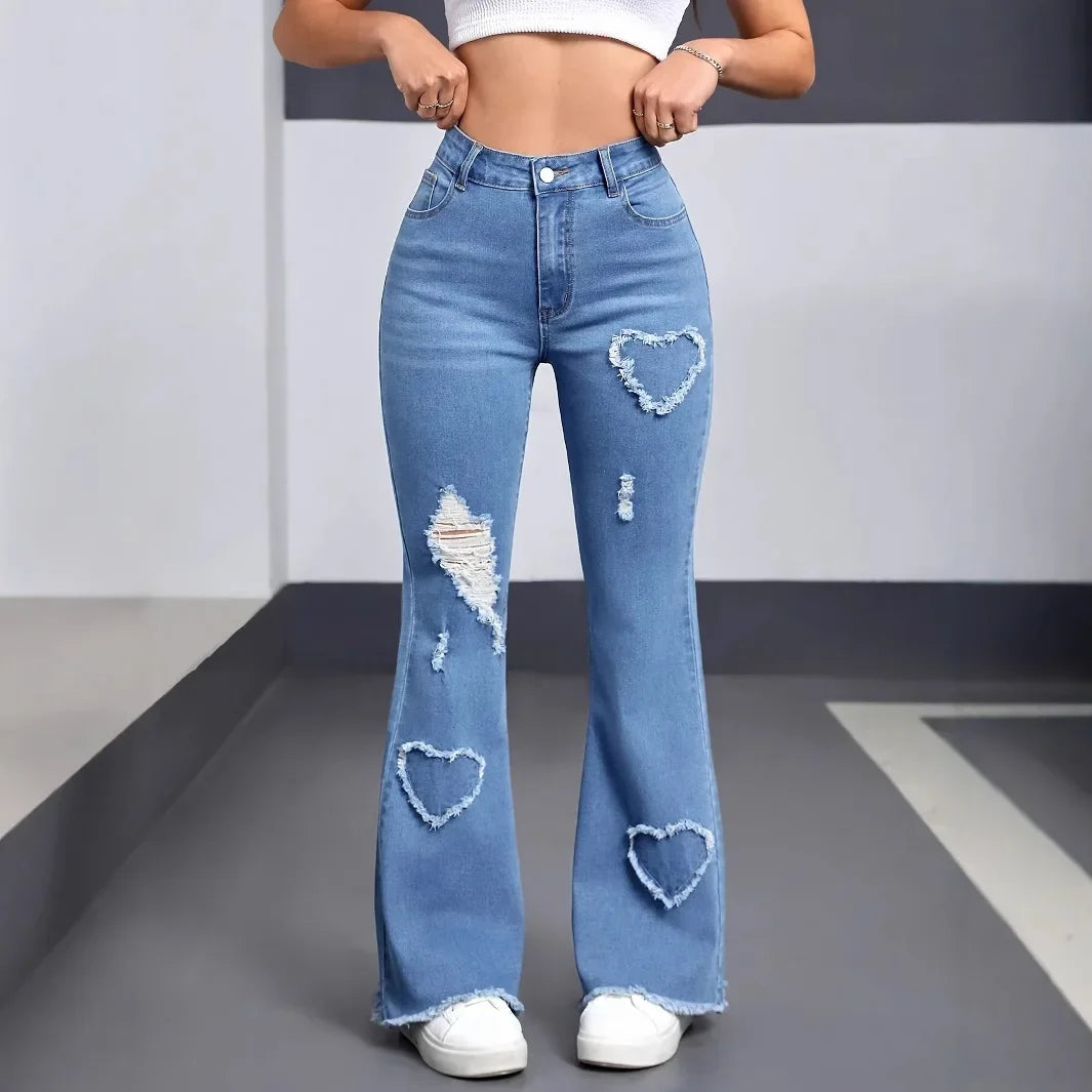 Hole Boot Cut High Waist Stretch Jeans