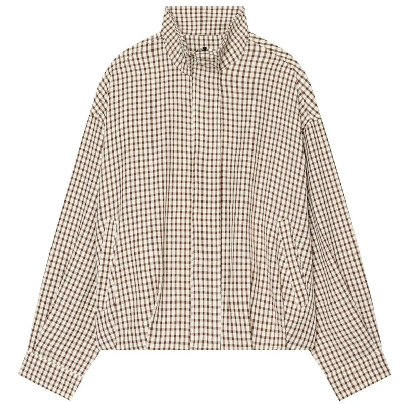 Plaid Bomber Oversized Long Sleeve Top Casual Zipper Jacket