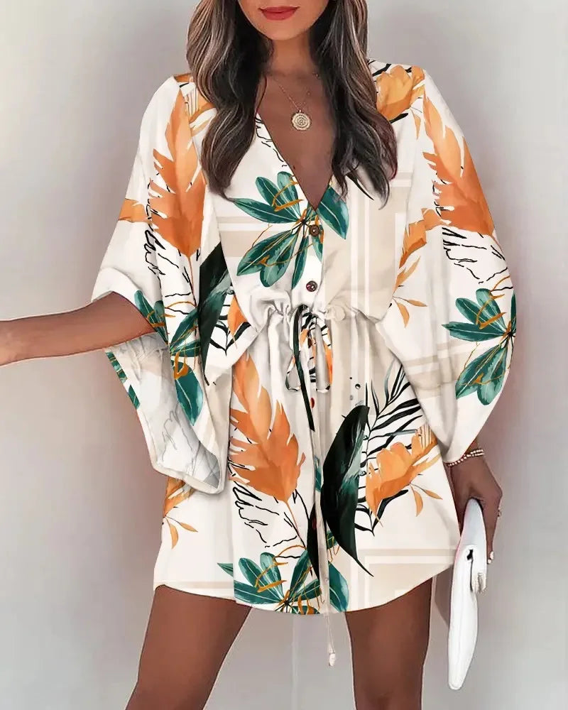 Floral Print Bat Half-Sleeve Dress