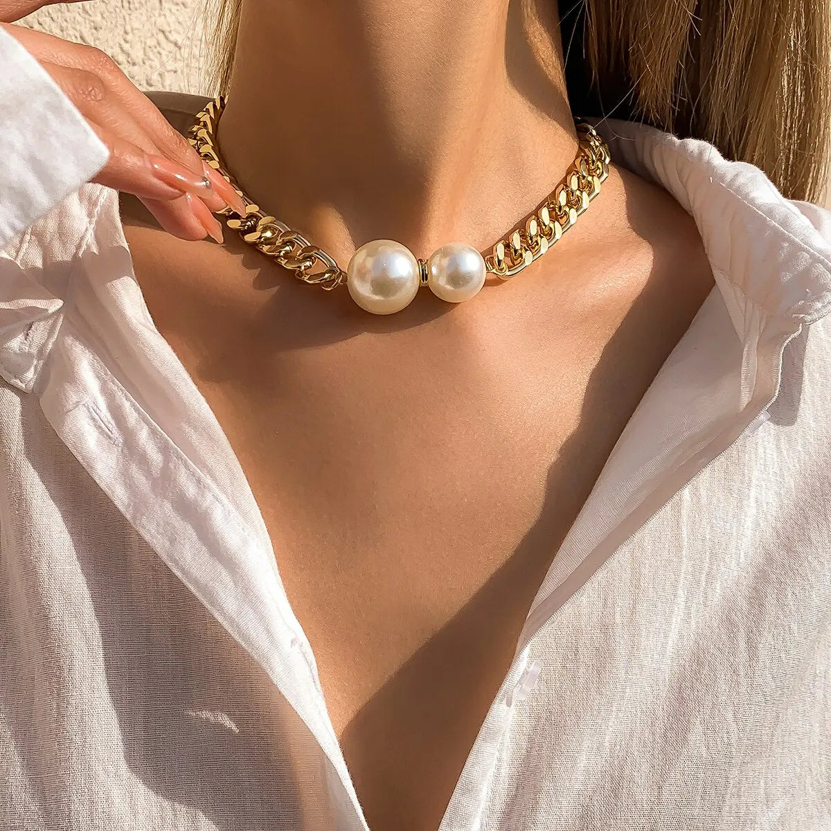 Punk Cuban Chains Imitation-Pearl Pendant Necklace
