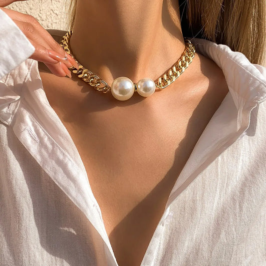 Punk Cuban Chains Imitation-Pearl Pendant Necklace