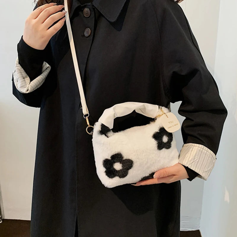 Faux Fur Plush Ruched Handle Small Shoulder Crossbody Bag