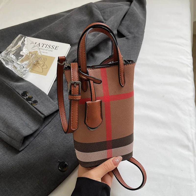 Luxury Mini Bucket Plaid PU Leather Crossbody Bag