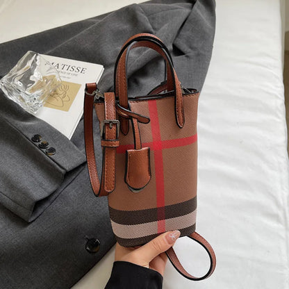 Luxury Mini Bucket Plaid PU Leather Crossbody Bag