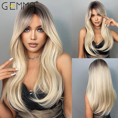 Brown Blonde Long Straight Synthetic Wigs