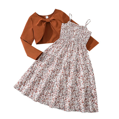 Kid Girl Long Sleeve Bow Sling Dress Set