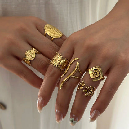 PVD Plated Stainless Steel Open Vintage Sun Leaf Shell Geometric Cuff Ring Set