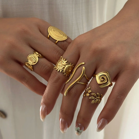PVD Plated Stainless Steel Open Vintage Sun Leaf Shell Geometric Cuff Ring Set
