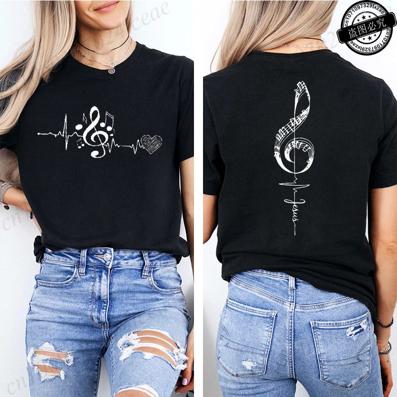 Musical Notes Printed Heartbeat Music Graphic Tee Shirts