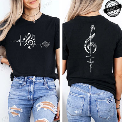 Musical Notes Printed Heartbeat Music Graphic Tee Shirts
