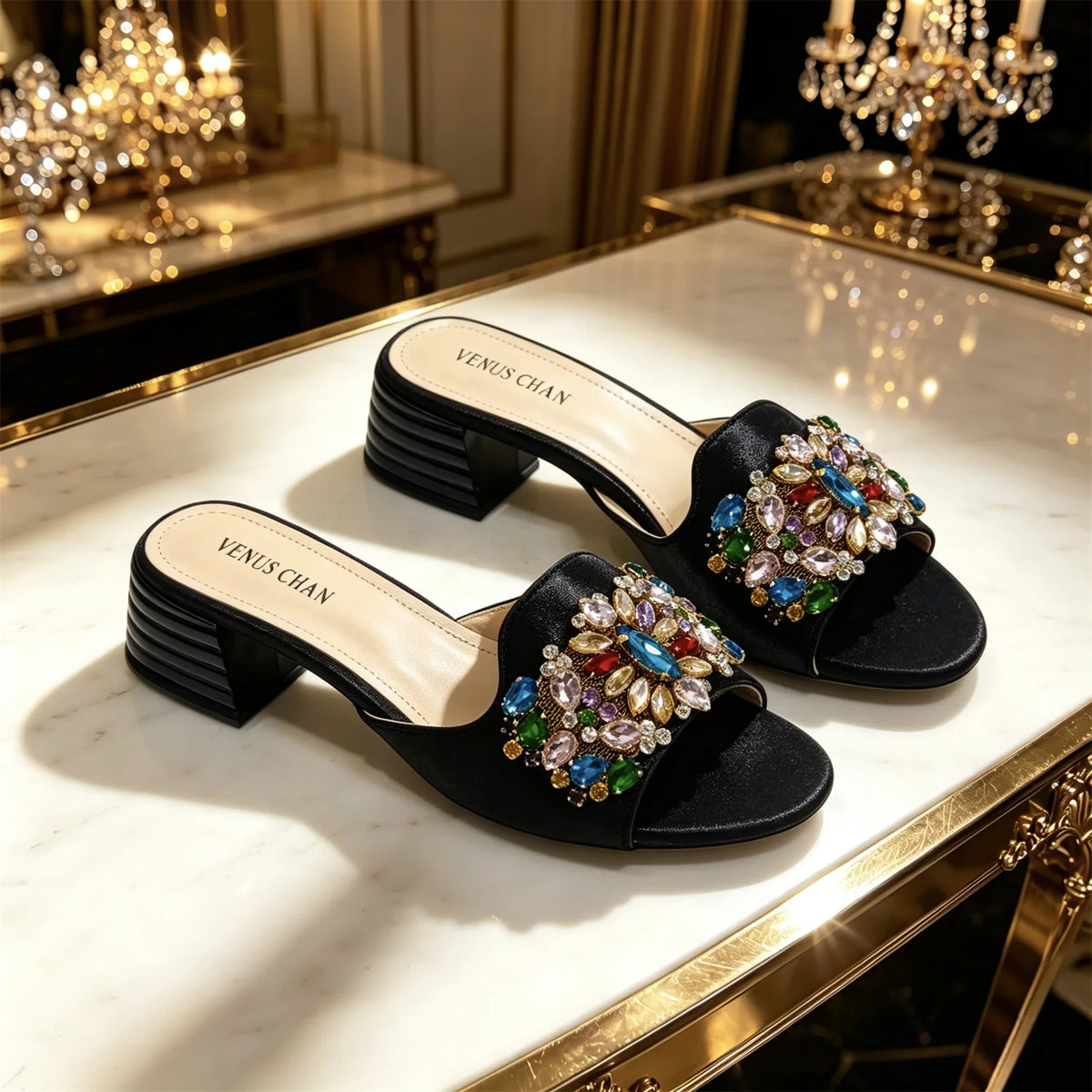 Luxury Multicolor Rhinestone Blue Heel Mules Black Satin Open Toe Slip