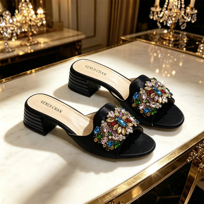 Luxury Multicolor Rhinestone Blue Heel Mules Black Satin Open Toe Slip