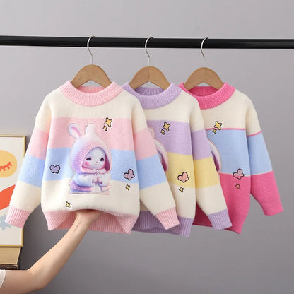 Autumn Winter Fluff Pullover Sweater Thickend Cartoon Rabbit O-Neck Full Sleeve