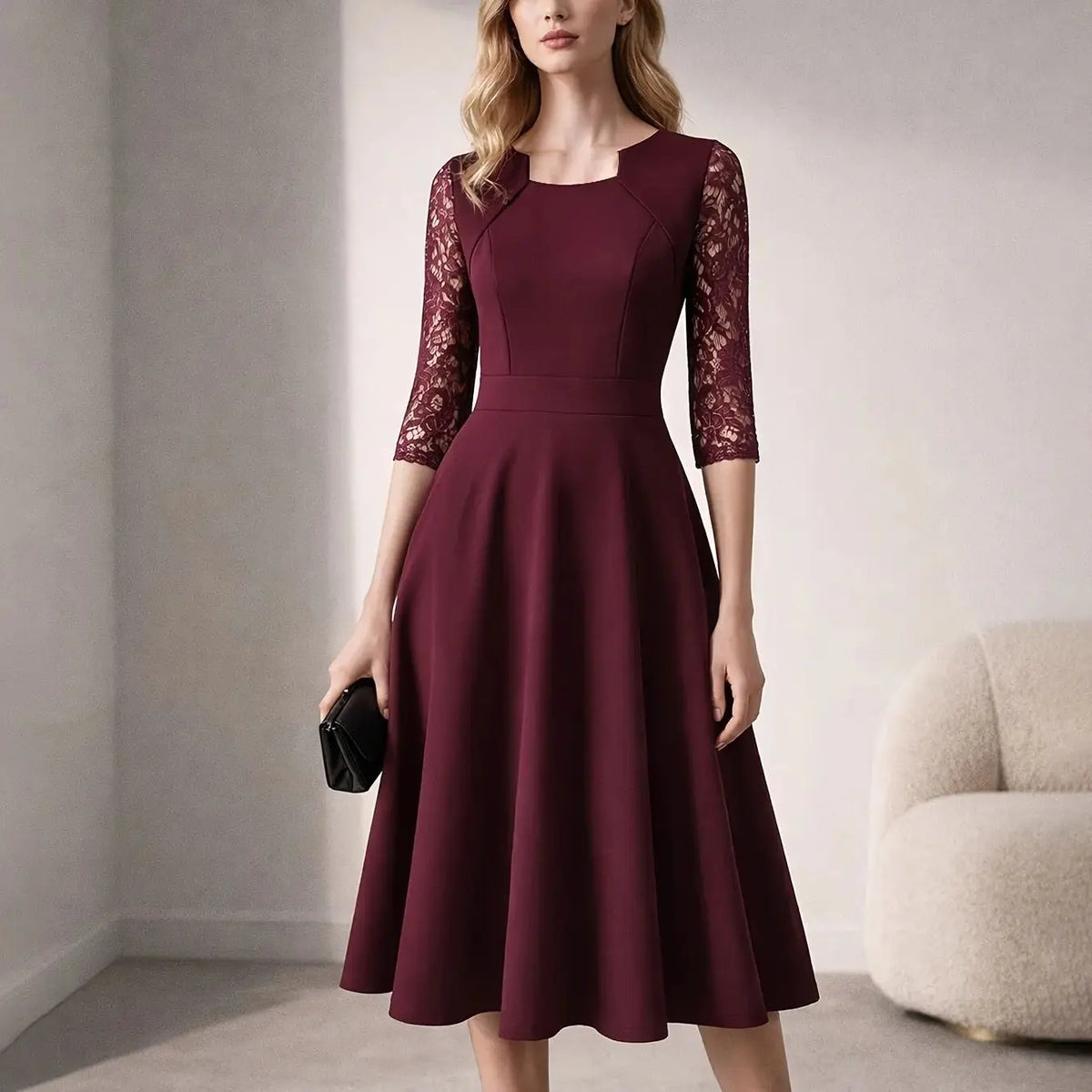 Vintage Floral Lace Square Neck High Waist Medium Sleeve Slim Flared Dress