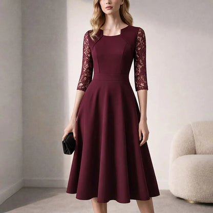 Vintage Floral Lace Square Neck High Waist Medium Sleeve Slim Flared Dress