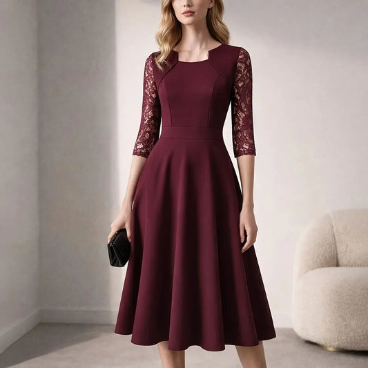 Vintage Floral Lace Square Neck High Waist Medium Sleeve Slim Flared Dress