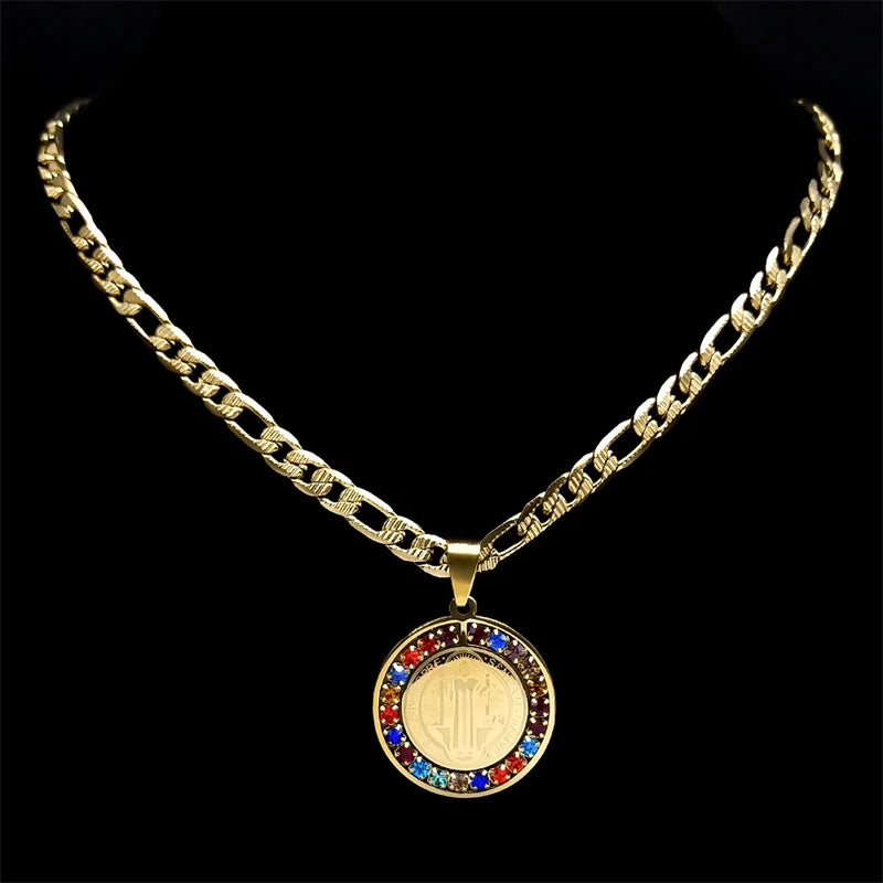 Colorful Crystal Saint Benedict Medal Necklace