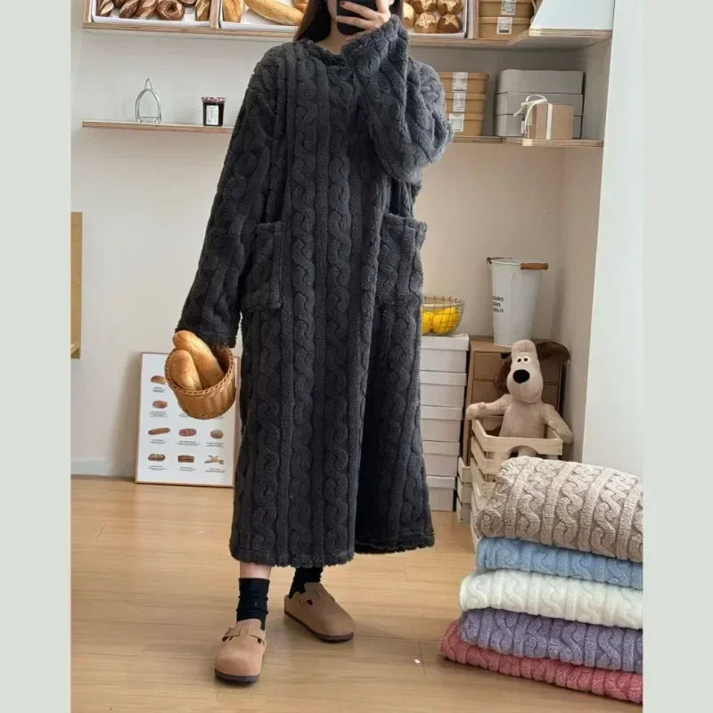 Long Sleeve Double Pocket Thickened Warm Nightdress