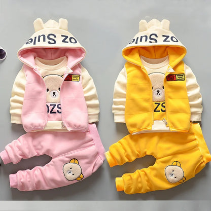 Winter Plus Velvet Thick Flannel Fleece 3Pcs Warm Cartoon Sleepwear Set