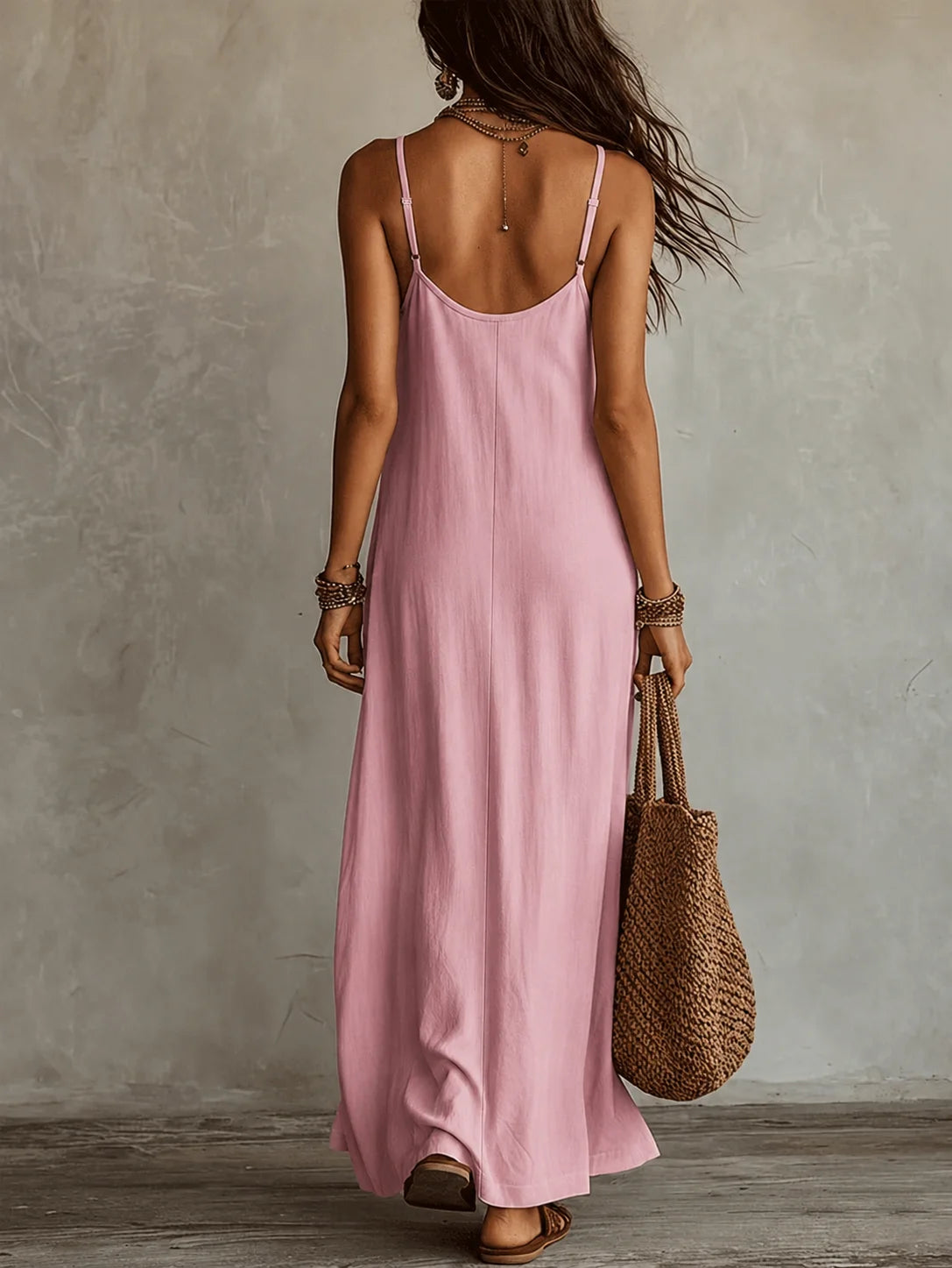 Loose Stain A-Line Long Dress with Thin Straps