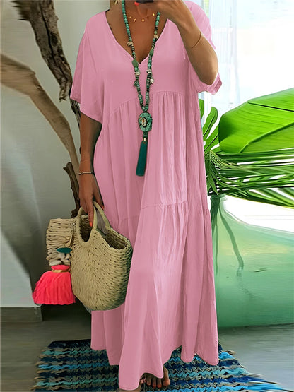Plus Size Casual Loose V-Neck Solid Long Dress S