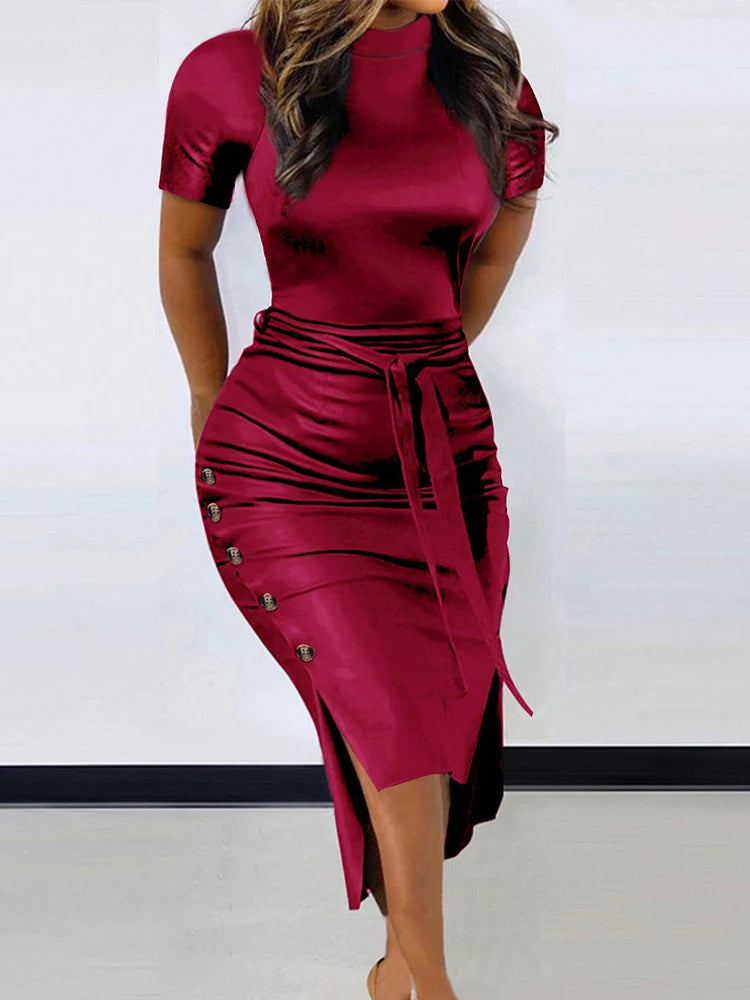 Classic Bodycon Lace-up Hip Wrap Buttons Midi Short Dresss