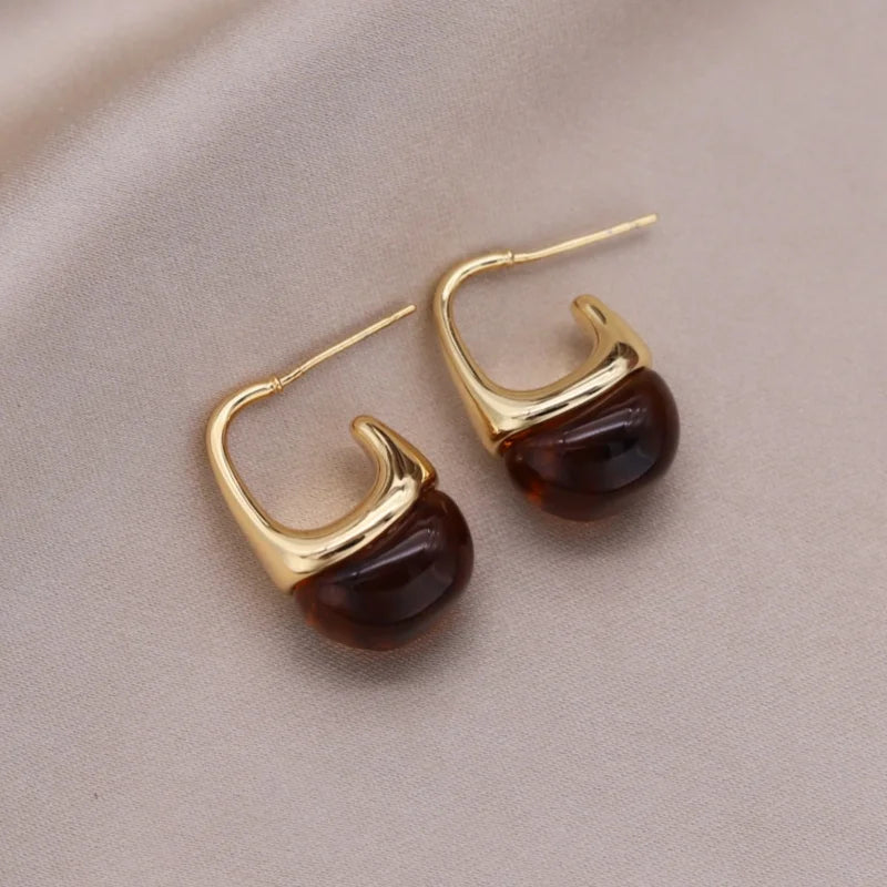 Korean design 14K gold plated round amber resin earrings