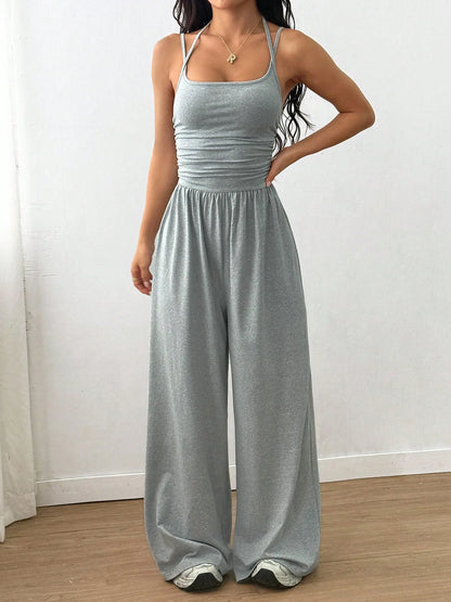 Halter Spaghetti Strap Casual Elastic High Waist Backless Wide Leg Jumpsuits