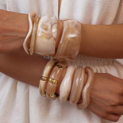 Vintage Smudging Beige Coffee Acrylic Cuff Wide Resin Bracelet