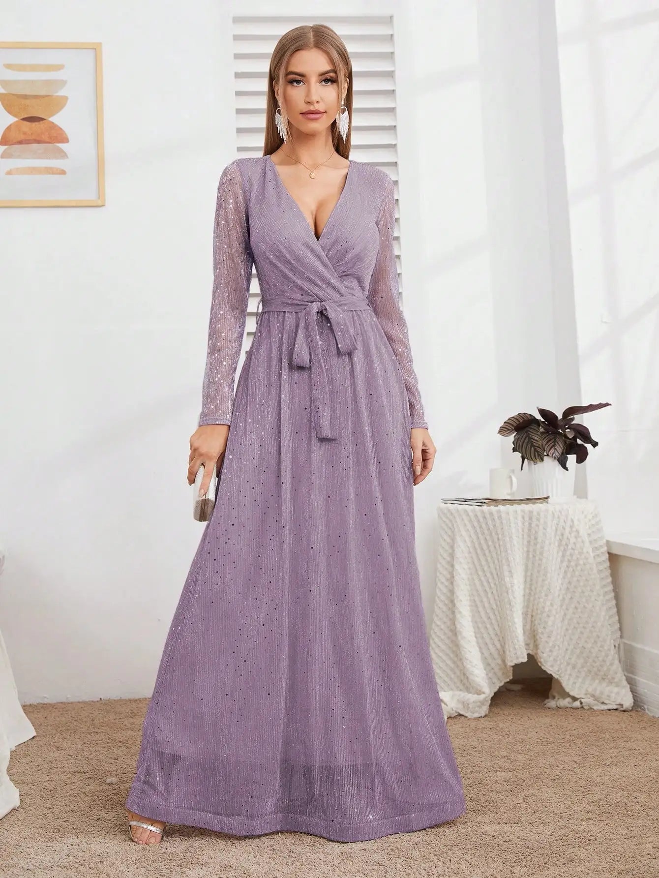 Mgiacy Wrap Belted Maxi Glitter Dress