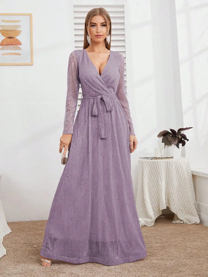 Mgiacy Wrap Belted Maxi Glitter Dress