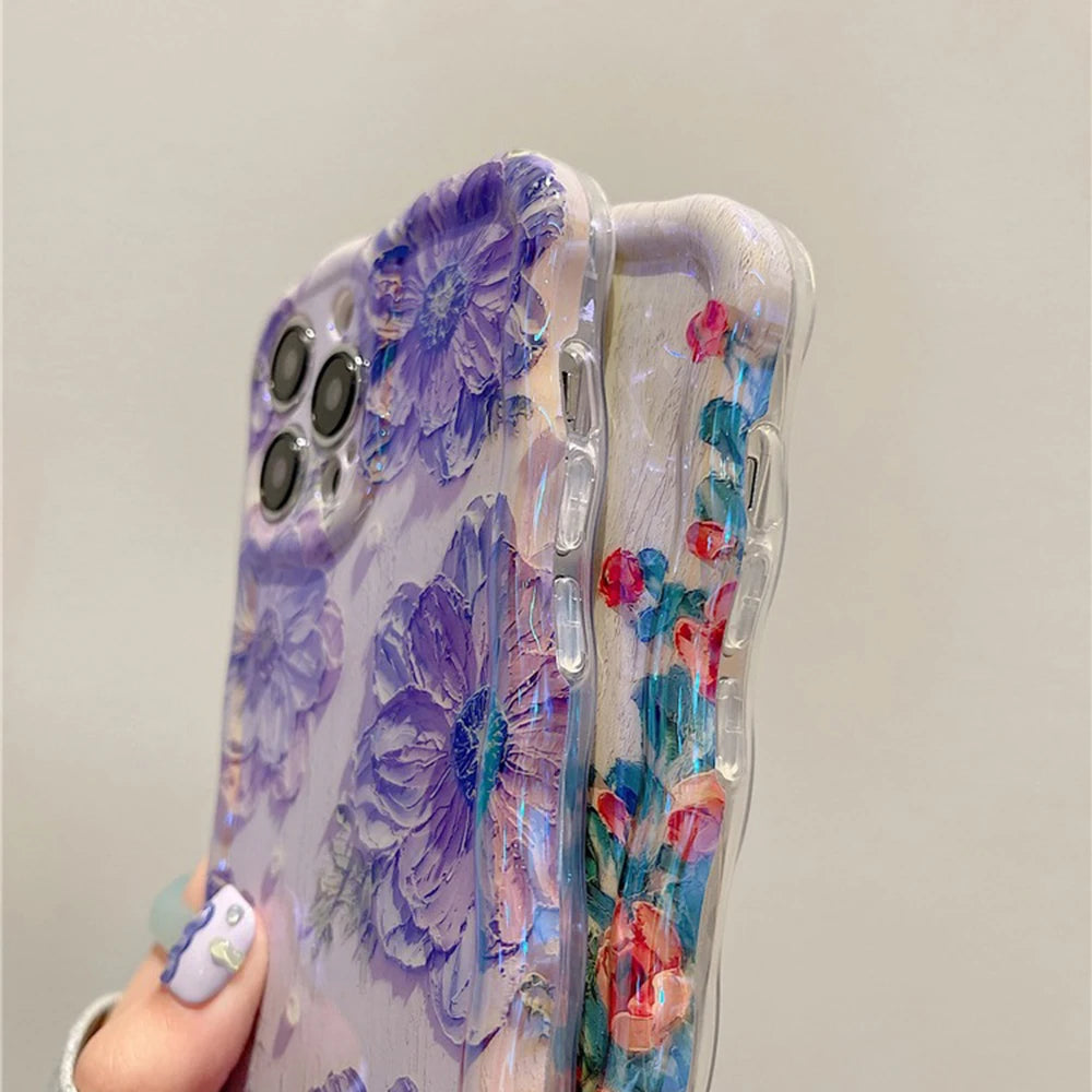 Retro Oil Painting Phone Case For iPhone ProMax Flower Print Silicone Cover