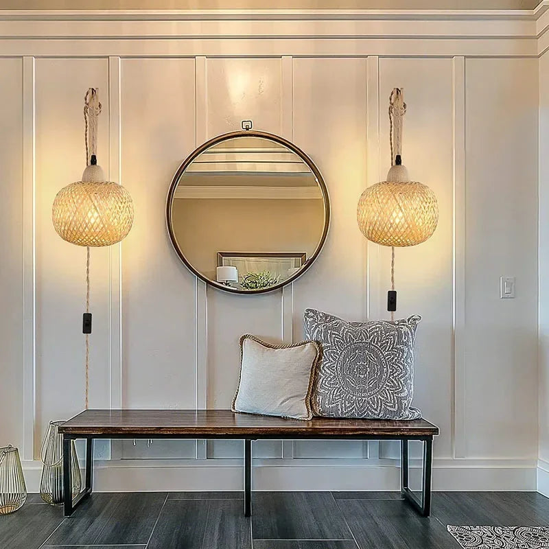 Bamboo Lantern Wall Lamp Natural Rattan Wicker Wall Light