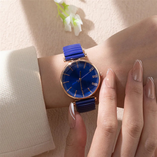 Luxury Treasure Blue Crystal Quartz Casual Stainless Steel Stretch Strap Watch