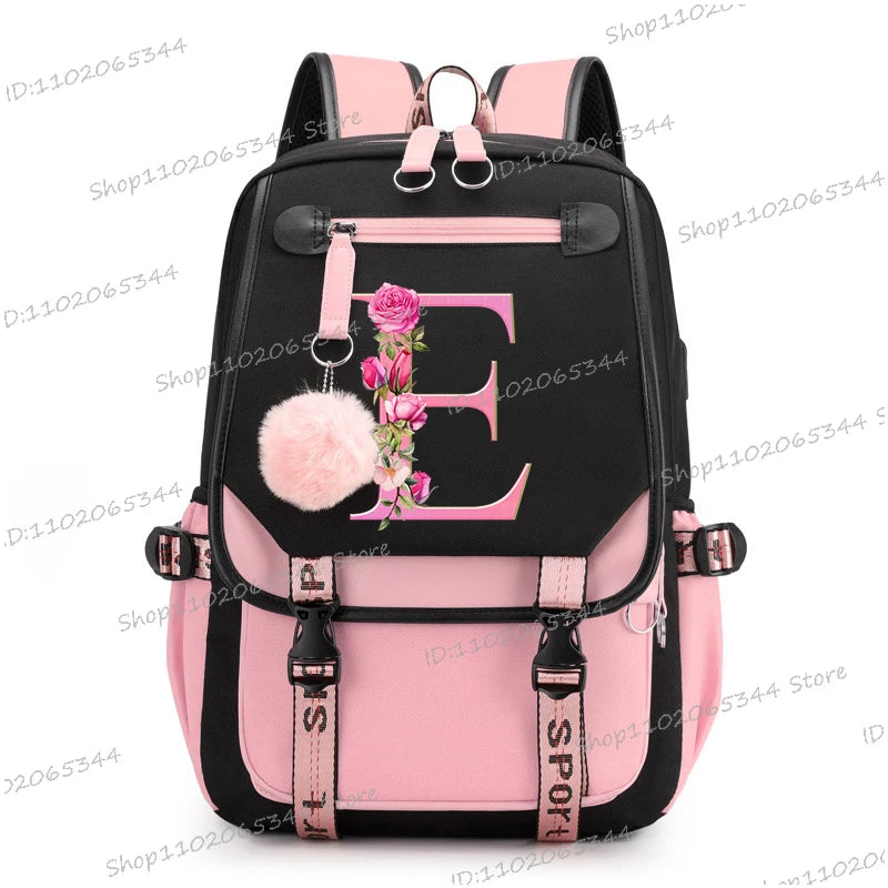 Black Pink Backpacks 26 Initials Flower A-Z Alphabet Large Capacity Students Bookbag