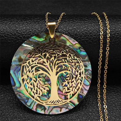 Tree of Life Stainless Steel Abalone Shell Natural Necklace