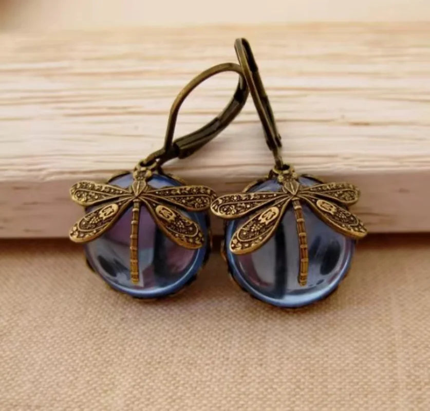 Vintage Bronze Dragonfly Drop Earrings