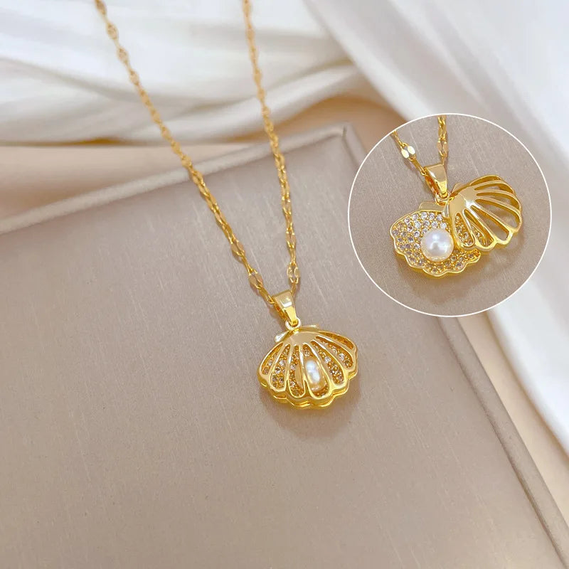Openable Shell Pearl Necklace Rhinestone Jewelry