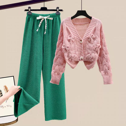 Korean Sweet Bow Outfit Long Sleeve Cardigan Knitwear Wide Leg Pants Set