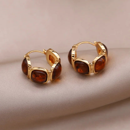 Korean design 14K gold plated round amber resin earrings