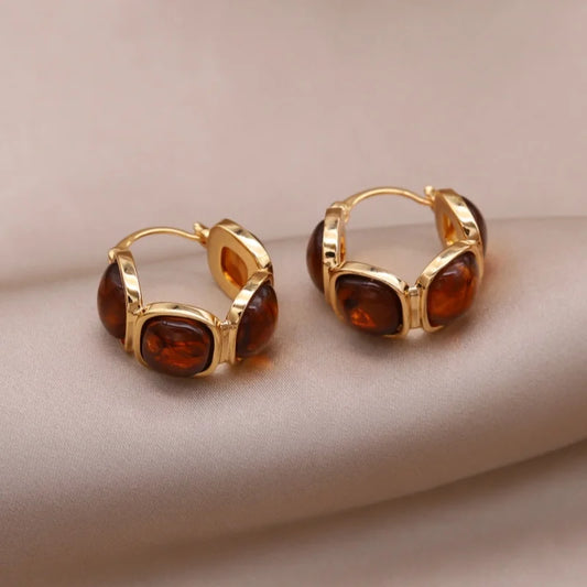 Korean design 14K gold plated round amber resin earrings