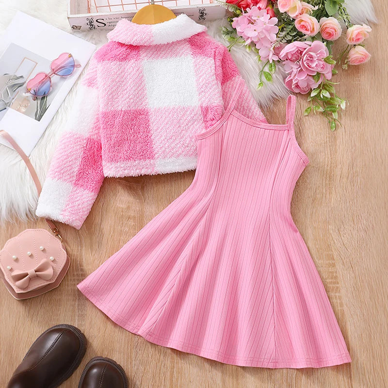 Autumn And Winter Middle Casual Sweet Hairy Coat&Strap Dress Set