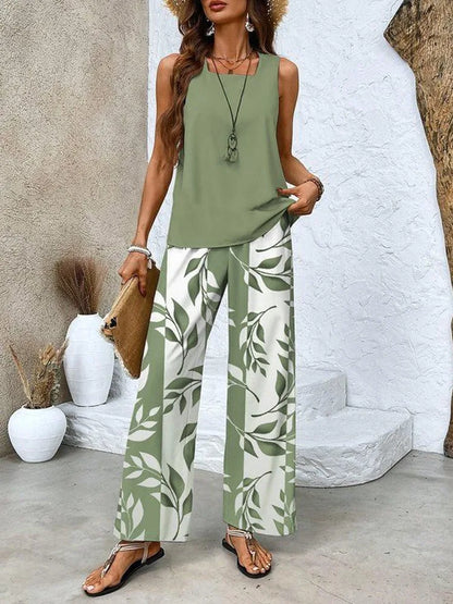 Sleeveless Tank Top Leaf Print Wide Leg Pants Set