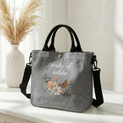 Floral Butterfly Letter Print Brown Canvas Tote Bag