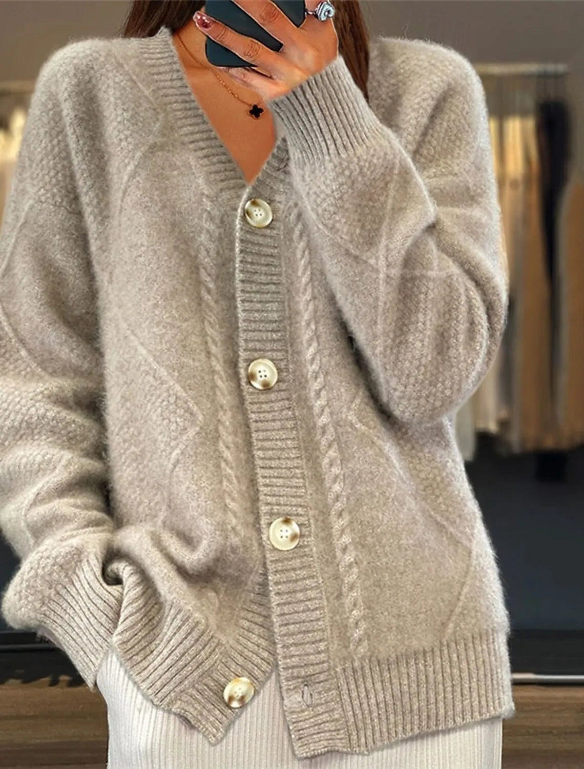 V Neck Cable Knit Cardigan Fuzzy Soft Long Sleeve Fall Winter Pocket Sweater Coat