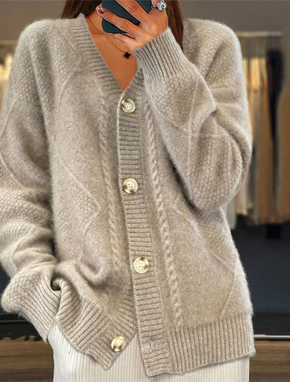 V Neck Cable Knit Cardigan Fuzzy Soft Long Sleeve Fall Winter Pocket Sweater Coat