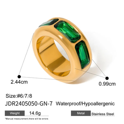 Uworld White Green Cubic Zirconia Stainless Steel Square Waterproof Ring