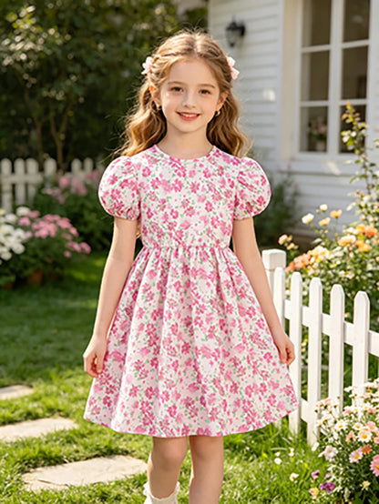 Pink Floral Summer Puff Sleeve Princess Dress