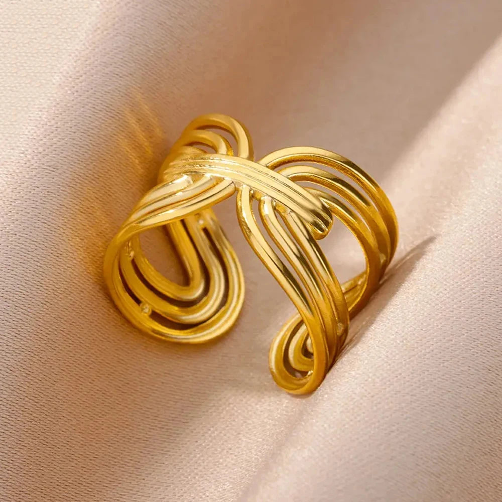 خاتم مفتوح واسع من الفولاذ المقاوم للصدأ باللون الذهبي